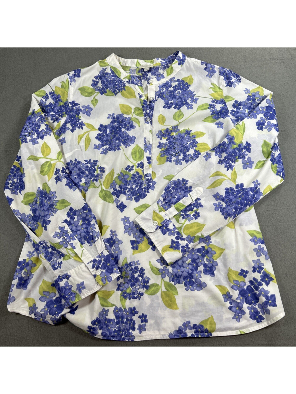 Talbots Size L Purple Hydrangea Print Long Roll-tab Sleeve Cotton Top Cottagecor